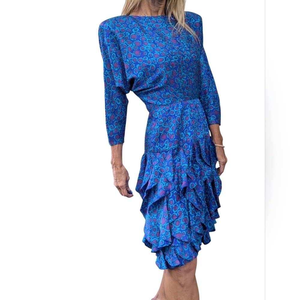 Vintage 80s Gillian 100% Silk Abstract Ruffle Cocktail Dress Blue Purple 6